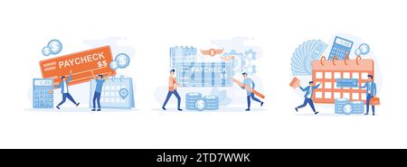 Paycheck cash. Man with Ink Pen for Signing. People Get Cash Salary Payment with Company Bank Check, Payroll. Happy male worker getting salary, Payrol Stock Vector