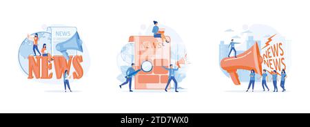 Global news. people read breaking news on newspaper. tiny people listening to the latest news. Breaking news set flat vector modern illustration Stock Vector