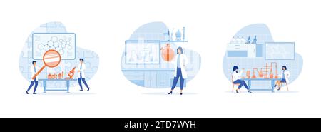 Scientists in lab. Experimental scientist. Doctors and chemical researchers working and analysis in laboratory experiment. Laboratory scientist set fl Stock Vector