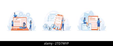 Online news. Mobile phone user sharing news online. People reading print newspaper. Online news set flat vector modern illustration Stock Vector