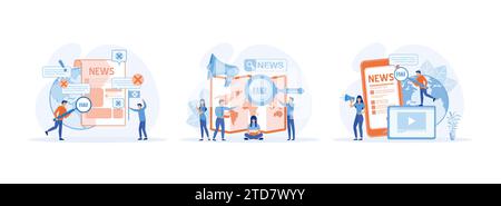 Man with magnifying glass checking, Fake News and Gossips with magnifying glass scanning and check news on smartphone. Fake news 1 set flat vector mod Stock Vector