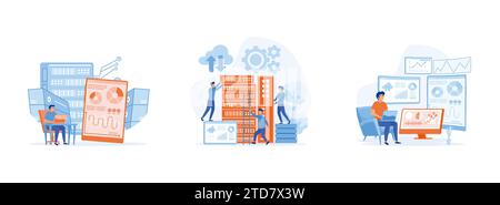 Data center technology concept, data network management, computer Monitoring Information database. Data center set flat vector modern illustration Stock Vector