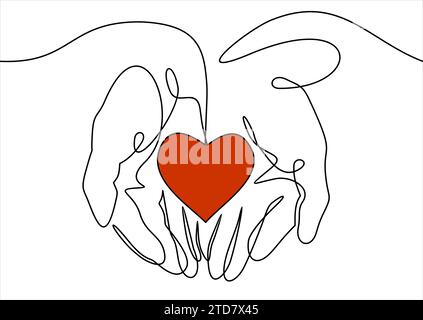 One continuous line drawing of hand holding heart. Stock Vector