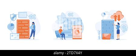 Server maintenance with monitoring tools. Man working at server rack hardware room, Server maintenance concept. Server maintenance set flat vector mod Stock Vector