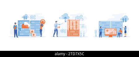 Data center services. Data server web. Business technology cloud computing service. Data center set flat vector modern illustration Stock Vector