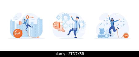 Debt free or freedom for pay off debts, solution to solve financial problem, with victorious gesture. Debt free set flat vector modern illustration Stock Vector