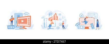 Modern television technology. Modern television Network. Network connected interactive device. Smart tv set flat vector modern illustration Stock Vector