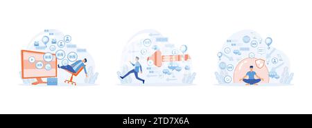 Input overloading. Young man running away from information stream. Information overload. Information overload set flat vector modern illustration Stock Vector