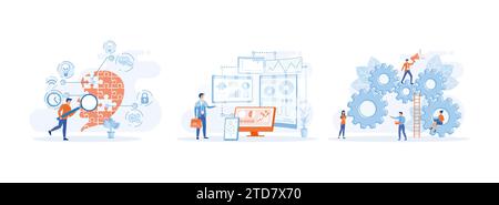 Digital transformation. Data Analysis and Digitization, Businessman employee working with laptop on gears. Digital Transformation set flat vector mode Stock Vector