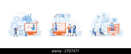 Online art class, E-learning, Online early childhood education courses, Online education, home schooling. E-learning set flat vector modern illustrati Stock Vector
