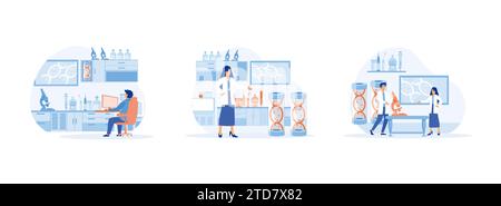Scientists research in laboratory process, holding laboratory, scientists conducting scientific research. Laboratory scientist set flat vector modern Stock Vector