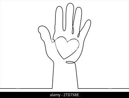 Hand with heart. Raised hands volunteering vector concept one line Stock Vector