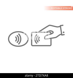 Tap to pay, hand with credit card and terminal line icon. Contactless payment outline symbol. Stock Vector
