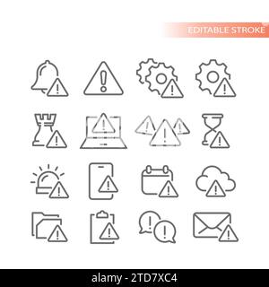 Problem alert with exclamation point icon set. Data breach, error and attention signal line icons. Stock Vector