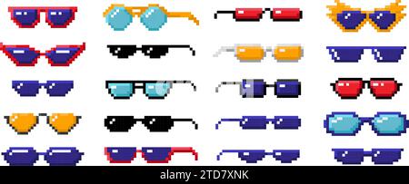 Pixel art sunglasses. Color 8 bit glasses for pranking memes, pixelated summer style eyeglasses vector set Stock Vector