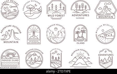Line art adventure badges. Outline travel emblems with outdoor landscapes. Minimal mountain, island, desert and wild forest tags vector set Stock Vector