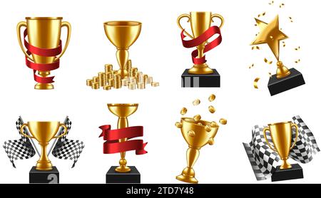 Golden cup awards. Winner trophy with red ribbon, gold coins and checkered flag isolated vector illustration set Stock Vector