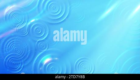 Top view rings on water. Rainy sunny day, radiant blue water surface with raindrops ripples circles vector background illustration Stock Vector