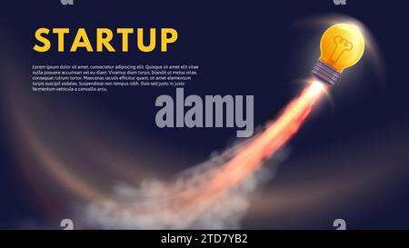 Launch idea. Run startup business, rocket boost for ideas and light bulb fly high vector illustration Stock Vector