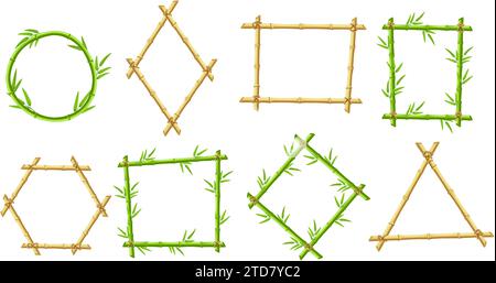 Bamboo frames. Brown bamboo sticks border frame, wooden and green shapes with leaves isolated vector illustration set Stock Vector
