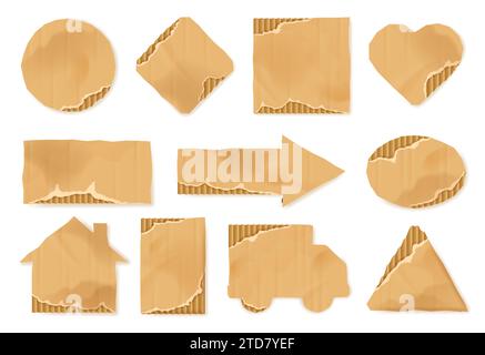 Torn cardboard paper set. Brown ragged ripped sheets pieces with ...