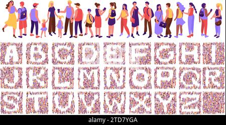 Crowd font. Social typography with isometric top view citizens. Community of people with alphabet letters in negative space vector set Stock Vector