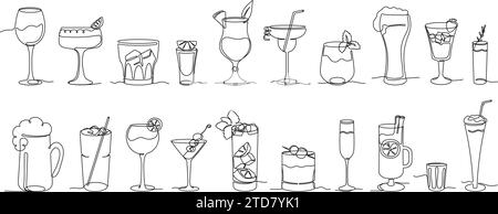 Continuous one line alcohol drinks. Alcoholic beverages glasses, from classic cocktails to craft beer, shots of strongest liquors and chill whiskey Stock Vector
