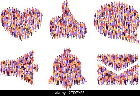 Top view isometric crowd icons. Heart shape, thumb up like, social speech balloon comment, notification bell and email envelope symbol Stock Vector