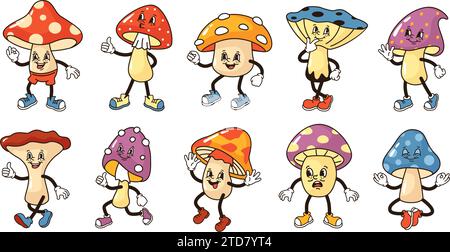 Cartoon mushroom characters. Groove fungi mascots, funny mushrooms with faces, hands and foots in 1930s rubber hose style vector set Stock Vector