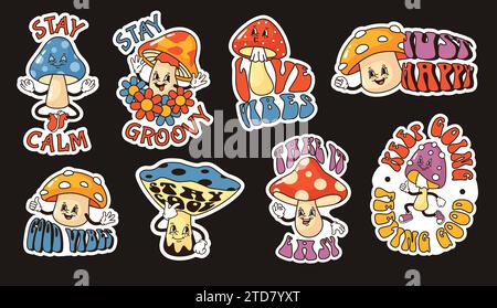 Cartoon mushrooms stickers. Groovy fungi, stay calm and good vibes print designs with funny mushroom characters vector set Stock Vector