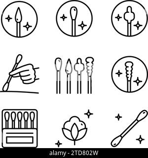 Cotton buds outline icons set. Linear vector illustration from make up collection. Cotton plastic stick icon. Line symbol for use on web and mobile ap Stock Vector