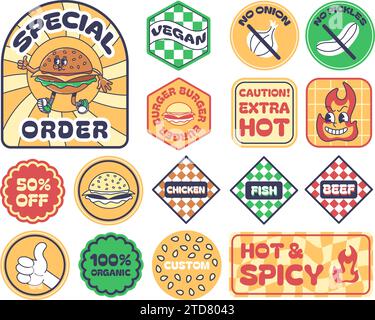 Fast food burger packaging stickers. Special order label, caution hot badge, meat type labels for Chicken, Fish and Beef, Vegan sticker vector Stock Vector