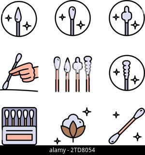Cotton buds color icons set. Vector illustration from make up collection. Cotton plastic stick icon. Simple symbol for use on web and mobile apps, log Stock Vector