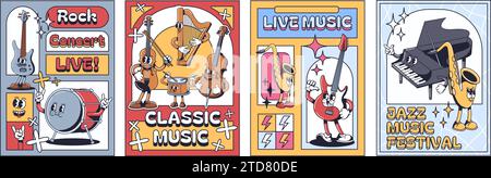 Cartoon concert posters. Live rock music show, classic and jazz festival flyer design template with 1930s musical Instruments mascot characters vector Stock Vector