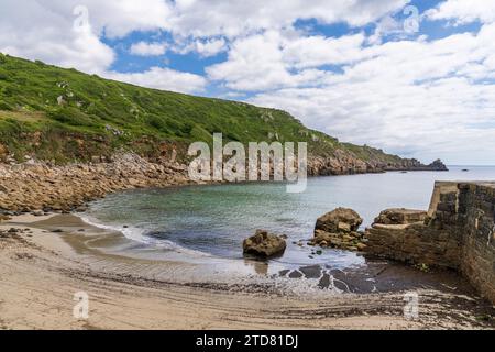 Celtic Sea Coast and cliffs at Lamorna Cove Beach, Cornwall, England, UK Stock Photo