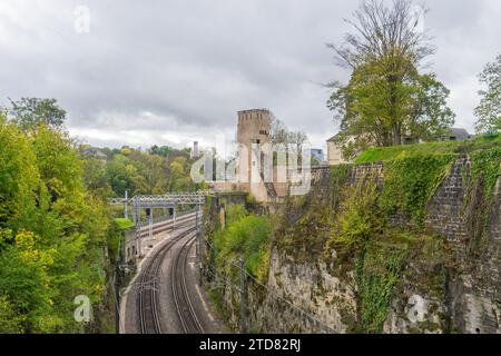 View to walls and tower of the Rham plateau in the city Luxembourg Stock Photo