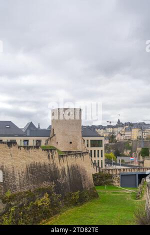 View to walls and tower of the Rham plateau in the city Luxembourg Stock Photo