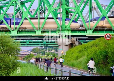 Seoul, South Korea - June 3, 2023: People stroll and bike along the path under the historic Hangang Railroad Bridges with green trusses, as a KTX trai Stock Photo