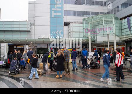 Slough, Berkshire, UK. 16th December, 2023. A local baptist church doing outreach to the local community bring a petting zoo to Slough. The town  has recently been named Britain's ugliest and unhealthiest place to live in Britain. Credit: Maureen McLean/Alamy Live News Stock Photo