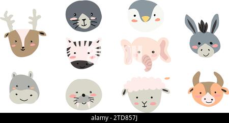 Cute domestic and wild animals heads or portraits including a cow, dog, seal, walrus, deer, elephant, zebra, donkey, lamb, penguin, hippo Vector illustration Stock Vector