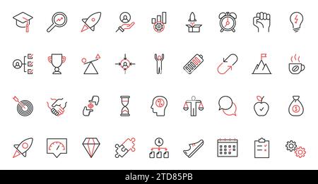 Vector illustration red black thin line icons set for productivity, skill growth, self-improvement, business training, education business training staff, development multitasking concentration mission Stock Vector