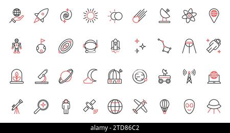 Vector illustration trendy red black thin line icons set space travel universe research technology, astronaut spaceship, moon solar system planets, and futuristic observatory and telescope. Stock Vector