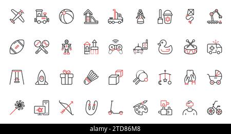 Baby stroller and rattle gift, mobile app and desktop computer games, sand castle and ball to play on playground, kite and swing. Toys for kids trendy red black thin line icons set vector illustration Stock Vector