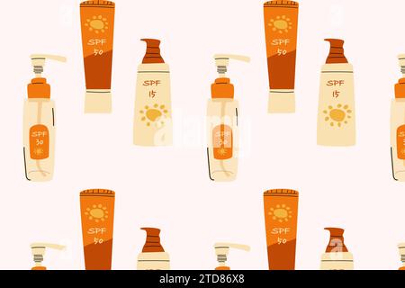 seamless background of cosmetic products for sun protection in flat style. Vector illustration isolated, Set included cream, spray, lotion.  Stock Vector