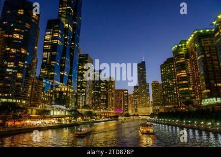 Chicago Downtown and River at Night Stock Photo