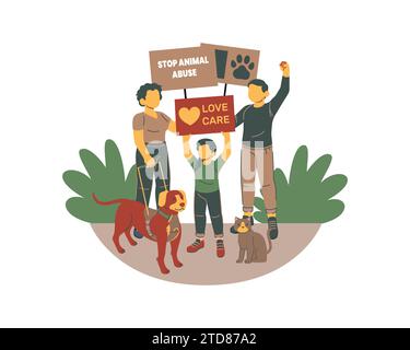 Pets adoption, people with dogs and signs, flat vector illustration Stock Vector