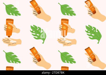 seamless pattern of cosmetic products and monstera leaf for skin in flat style. Vector illustration isolated. Can use for wrapping paper, textile, posters.  Stock Vector