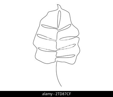 Continuous one simple single abstract line drawing of monstera leaf illustration in silhouette on a white background Stock Vector