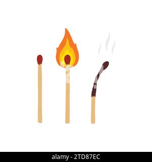 Matches, lighted match and burned match. Vector illustration. Stock Vector