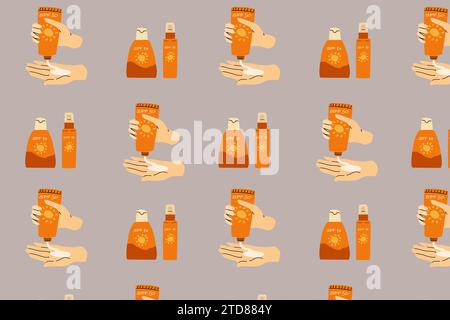 seamless pattern with cosmetic products for sunscreen and hands. Vector illustration can used for wrapping paper. Stock Vector